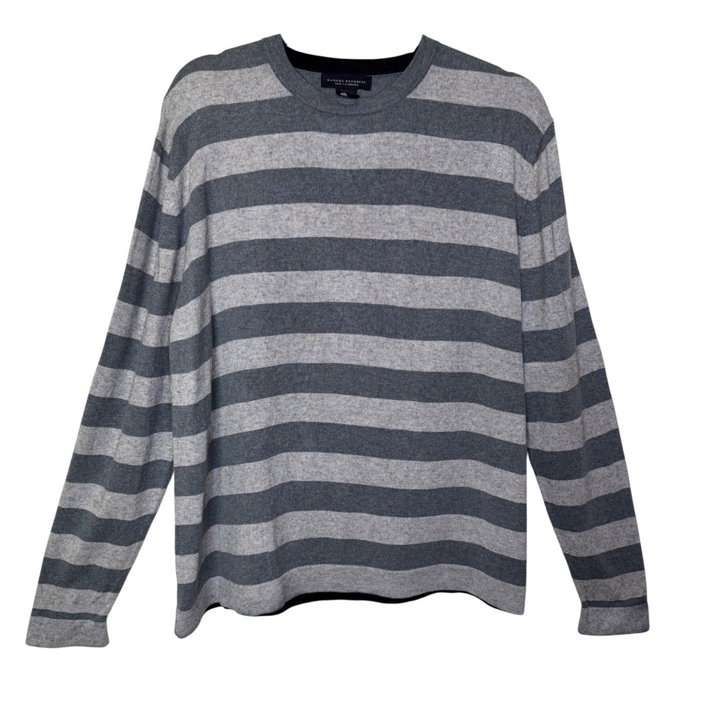Banana Republic Silk Cashmere Sweater Mens Large Grey Striped Good Crewneck Luxe
